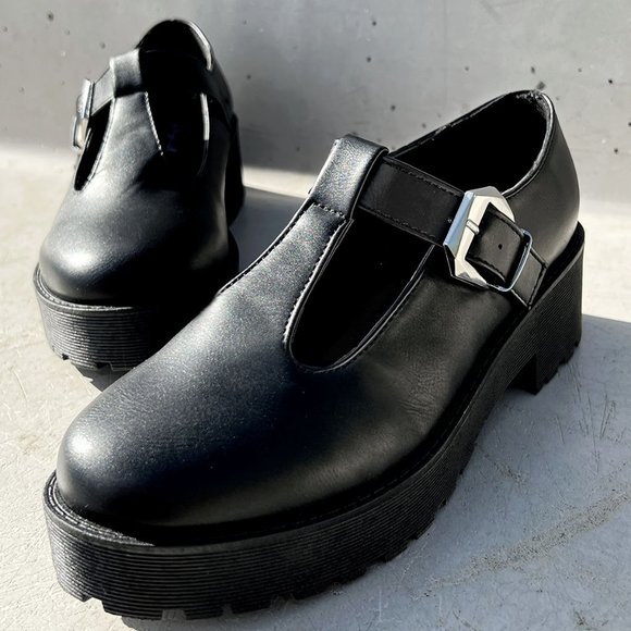 NEW Mary Jane Platform T-Strap Chunky Lug Sole Goth Altercore Loafer Shoes Black - Picture 3 of 14